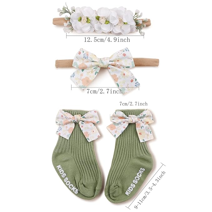 cherrboll Baby Girl Headbands and Socks Set, 3Pcs Soft Floral Hairbands Hair Bows Knit Socks for Newborn Infants Toddlers Photography Props Gifts