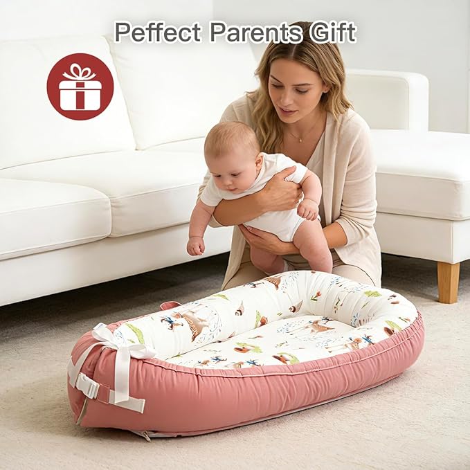 Baby Lounger | Organic Cotton Infant Support Cushion | Reversible, Adjustable & Portable Floor Cushion | Soft, Breathable, Washable Cover