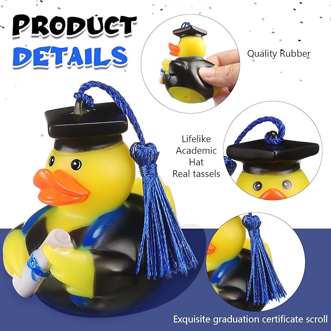 Lewtemi 12 Blue Graduation Diploma Rubber Ducks 2025 Grad Rubber Duck Graduation Duck Bulk Cake Topper for Bathtub Swimming Pool Theme Party, 2.5 x 2.5 x 2 Inch