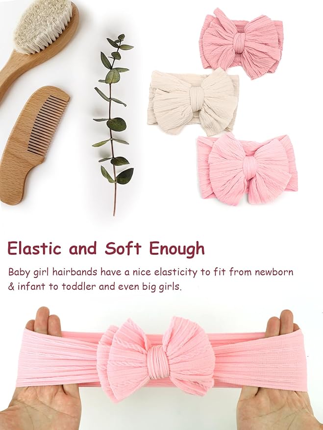 DRESHOW BQUBO Handmade Baby Headbands Soft & Stretchy Hair Bands with Bows Nylon Bows Hairbands for Girls Newborn Infant Toddlers Hair Accessories 3 pack