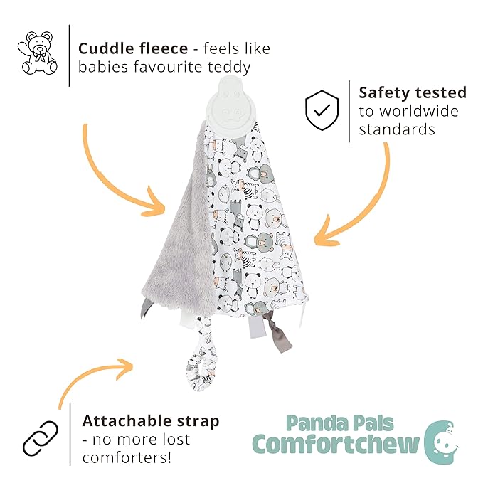 Cheeky Chompers Comfortchew | Baby Lovey with Silicone Teether & Sensory Tags | Soft Fleece Material, Attachable Loop, Machine Washable | (Panda Pals)