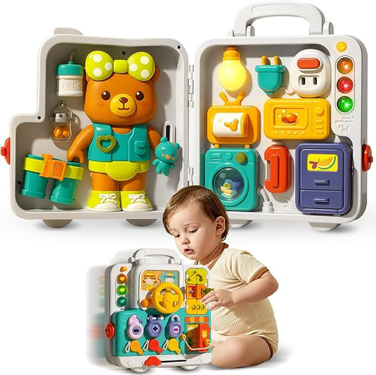 Montessori Busy Board for Toddlers 1-3, Baby Educational Activity Board with Lights & Music, Sensory Toys for Fine Motor Skills, Travel Toys for Airplane Cars, Gift for Boys Girls