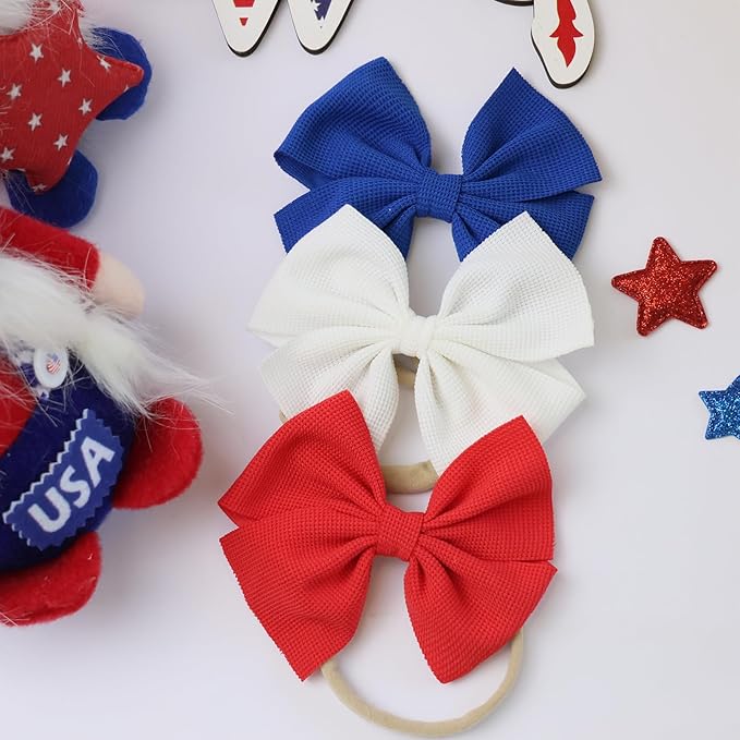 4th of July Baby Girls Bows Elastic Nylon Headbands Red Bows for Baby Girls Toddler Hair Bows Accessories Blue Newborn Bows for Infant Toddlers Kids (4.5 Red White Blue)
