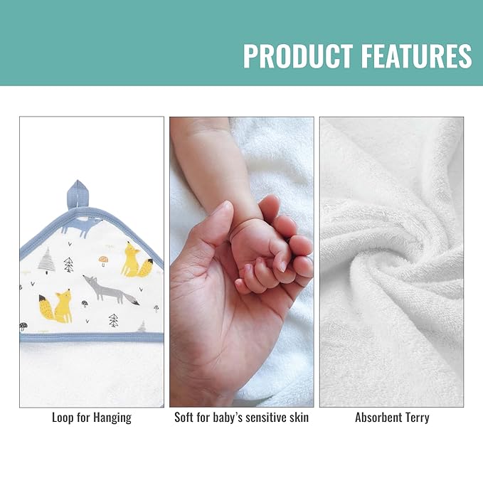 Featherhead™ 5-Piece 100% Cotton Muslin Hooded Bath Towel & Washcloths Set for Baby Boy - Ultra Soft and Extra Absorbent - Newborn Essential & Perfect Baby Registry Gift (Blue Foxes)