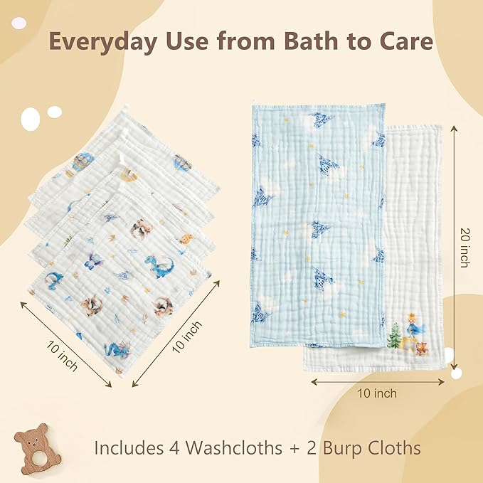 6-Pack Baby Washcloths & Long Towels, 100% Cotton Muslin Face Towels for Baby & Mom, Ultra-Soft Newborn Essentials with Gift Box, for Boys & Girls (Fantasy Prince & Dragon)
