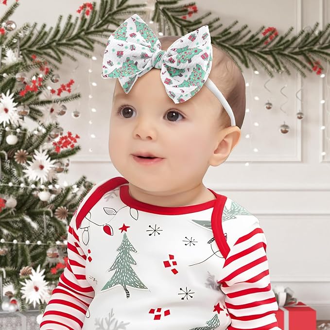 YanJie Christmas Baby Headbands Newborns Bows Red Green Printed Snowflake Baby Bows Nylon Headband Toddler Infant Hairbands Cheer Bow Christmas Gift