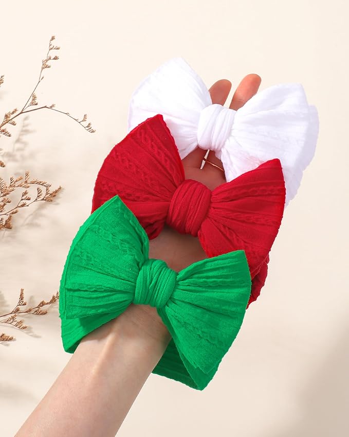 jollybows 3PCS Baby Christmas Bow Headbands Soft Nylon Baby Girl Headbands for Newborn Infant Toddler Kids Cute Bow Wide Hairbands Hair Accessories(White Green Red-Merry Christmas)