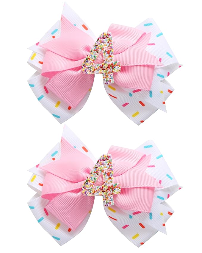 2Pcs Birthday Hair Bow for Baby Girls 2 3 4 5 6 7 Years Sprinkle Decorations Confetti Ice Cream Party Pink Pigtail Hair Accessories for Four 4th Birthday