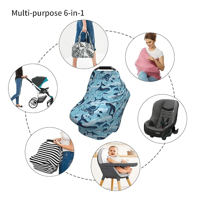 Sea Waves Dolphins Sharks Whale Octopus Baby Stuff Car Seat Cover for Baby Carseat Covers for Girl Boy Stretchy Soft Breathable Breastfeeding Infant Car Seat Canopy Carrier Cover