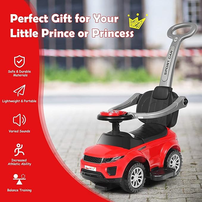 GLACER Push Cars for Toddlers 1-3, 3-in-1 Kids Sliding Car with Detachable Guardrail, Horn, Music, Lights, Storage Box and Anti-Roll Design, Ride on Push Car for Boys Girls (Red)