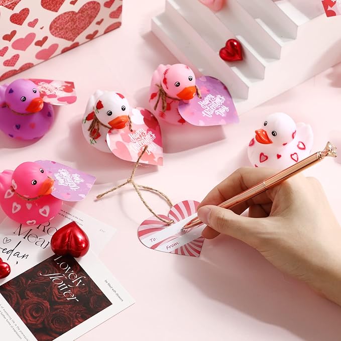 Jerify 24 Pcs 2 Inch Valentines Ducks for Kids Classroom Exchange Gifts Valentine's Day Rubber Ducks with Gifts Cards Mini Heart Rubber Duckies Valentines Party Favors Toys, 6 Styles (Pastel)