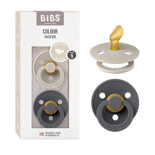 BIBS Pacifiers - Set of 2 | Colour Pacifier with Anatomical Nipple | BPA-Free Natural Rubber | Made in Denmark | Sand/Iron, 0-6 Months