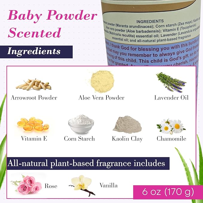 BiblenBeautyoils Talc-Free Dusting Baby Powder Newborn Essentials with Aloe Vera and Vitamin E for Baby’s Delicate Skin, Natural Ingredients, Bible Scriptures, & Prayers, Naturally Scented.