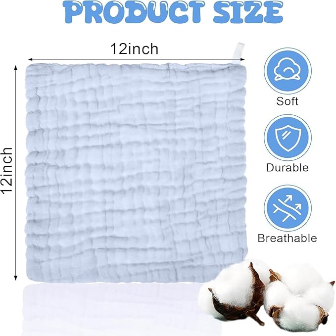 Chumia 30 Pcs Baby Muslin Washcloths Muslin Burp Cloths Baby Towel Natural Cotton Burp Cloths Wipes Soft Newborn Face Towel Absorbent for Face Bath Shower, 12 x 12'' (Light Blue, White, Blue)