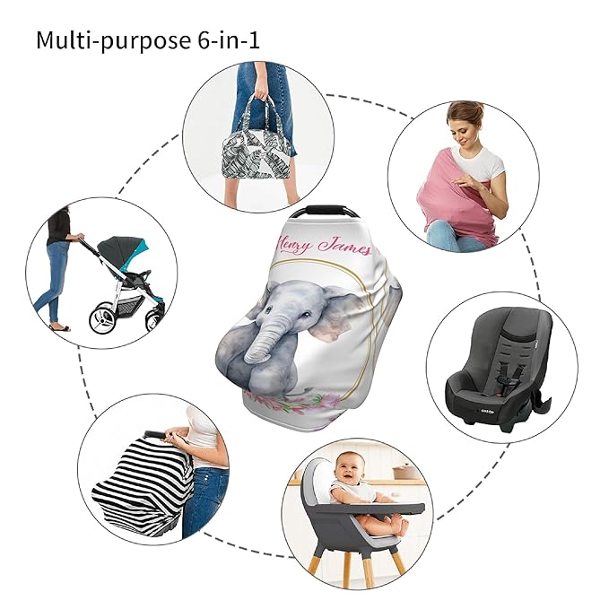 Personalized Car Seat Covers with Name, Elephant Baby Canopy Carrier Cover, Breathable Breastfeeding Nursing Cover, Stretchy Multi-Use Infant Carseat Stroller Cover
