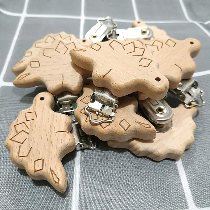 5pcs Natural Beech Wood Animal Pacifier Clips Grasping Toy Suspender Chain Clips Charm Antique DIY Beading Accessory (Stegosaurus)