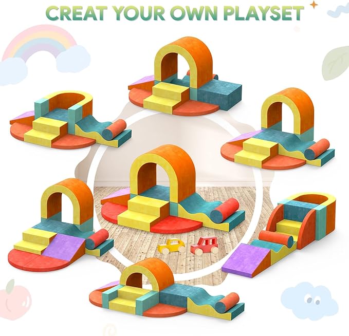 10 PCS Color Foam Climbing Blocks for Toddlers, Soft Play Set with Toy Car, Climbing Blocks for Toddlers 1-3, Indoor Climb and Crawl Soft Play Set