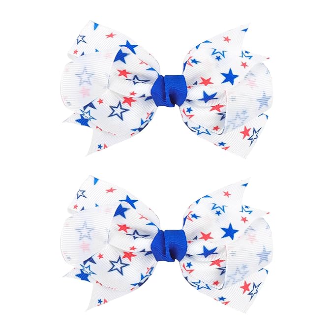 YanJie 2pcs 4th of July Hair Clips 4'' Blue Bow Stars Baby Girls Clips American Flag Hair Bow Patriotic Hairgrips Hair Accessories Independence