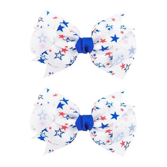 YanJie 2pcs 4th of July Hair Clips 4'' Blue Bow Stars Baby Girls Clips American Flag Hair Bow Patriotic Hairgrips Hair Accessories Independence