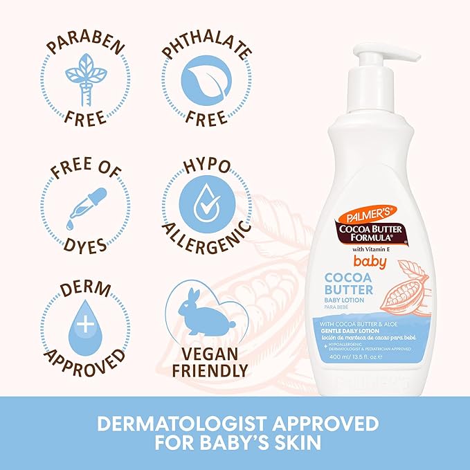 Palmer's Baby Lotion, Cocoa Butter Formula Body Lotion, 13.5 Fl Oz, Gentle Moisturizer for Delicate Skin with Vitamin E & Aloe, Hypoallergenic, 48Hr Dermatologist Tested Baby Essentials,(Pack of 2)
