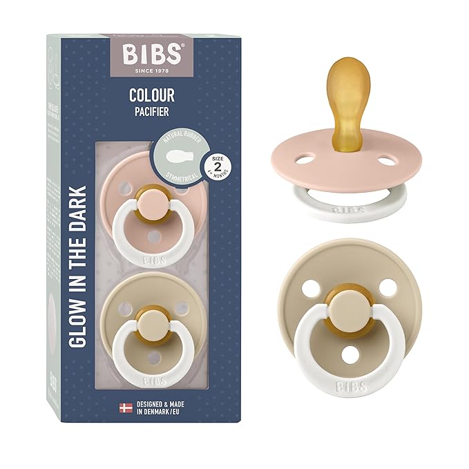 BIBS Pacifiers 6-18 Months | 2-Pack Soothers | Symmetrical Nipple | BPA-Free Natural Rubber | Made in Denmark | Blush Glow/Vanilla Glow Colour Pacifier
