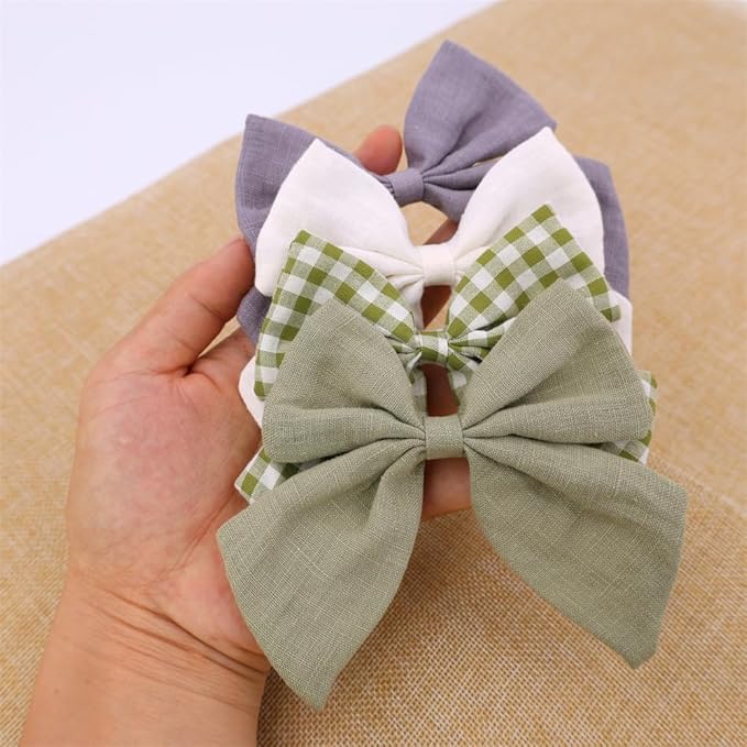 4 PCS Sailor Bow Hair Clips for Kids Girls Women Linen cotton Hair Bow Alligator Clips Baby Toddler Girl Mom Hair Accessories (Green Spring)