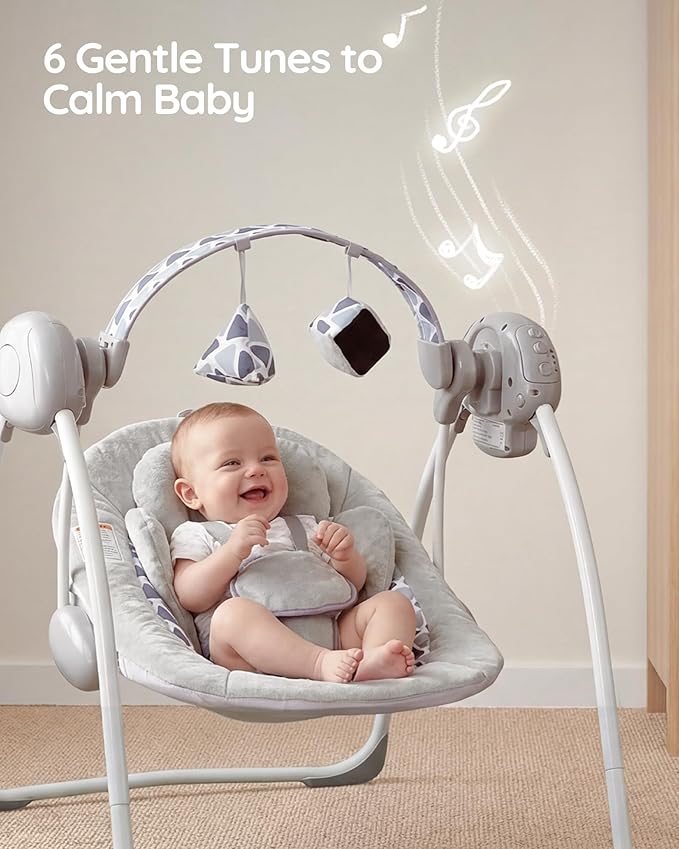 Baby Swings for Infants, Portable Baby Swing Folds Easy with Adaptable Speed, Music,Timer,Baby Swing Indoor/Outdoor,Infant Swing for Babies 0-6 Months 6-20 lbs Grey