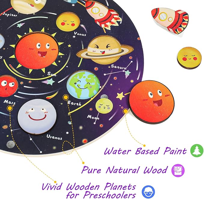 Zeoddler Upgrated Solar System Puzzle, Kids Toys for 3-6, Wooden Space Toys, Planets for Kids Preschool Learning Activities, Gift for Boys, Girls