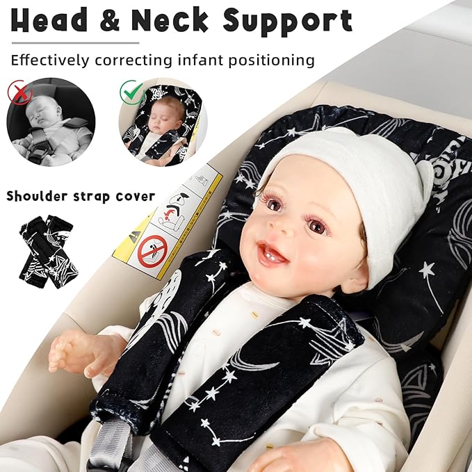 Infant Car Seat Insert Head and Body Support, GFU Reversible Newborn Insert for Carseat with Strap Pads, Soft Stroller Cushion Pillow Insert for Boys and Girls, Fits for Stroller, Swing, Black Star