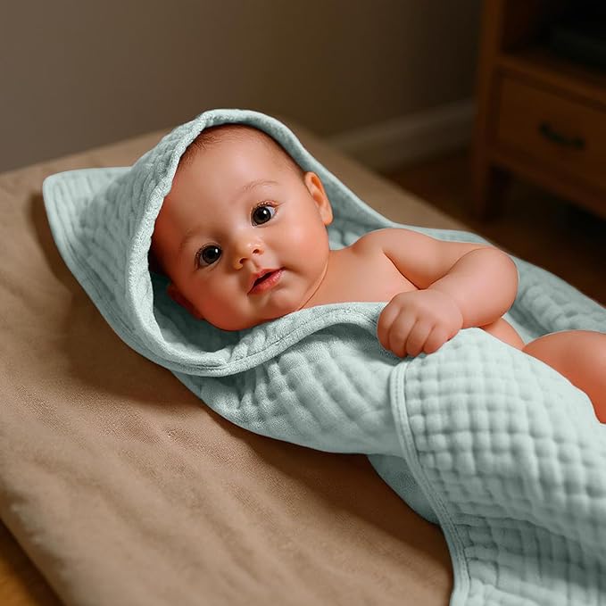 VitalCozy 8 Pcs Baby Muslin Hooded Bath Towels and Washcloths Muslin Cotton Hooded Baby Towels Absorbent Blankets for Gift Newborn Infant Shower (32 x 32 Inch,Mist Colors)