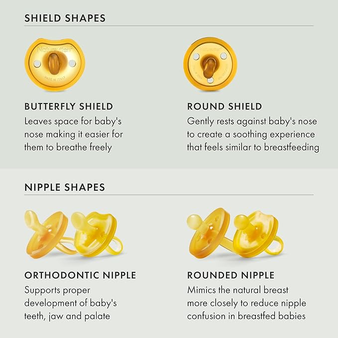 Natursutten 2-Pack Natural Rubber Pacifiers - Safe & Soft BPA-Free Pacifier for Breastfeeding Babies, Made in Italy, Butterfly Shield Round Nipple,12-18 Months