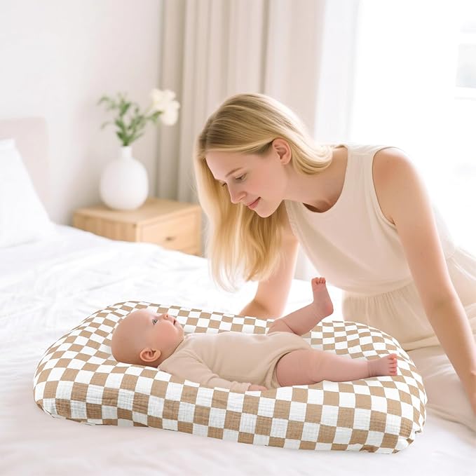 Hooyax Muslin Baby Lounger Cover 2 Pack - 100% Breathable Cotton Soft Infant Lounger Covers, Fits Most Standard Newborn Loungers & Pillows (Coffee Checker+Bear)