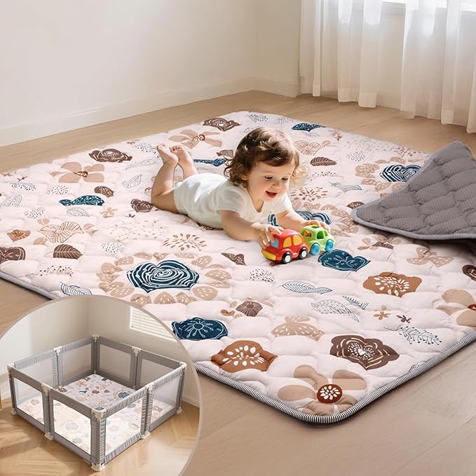 Baby Play Mat for Floor,71x59 Inch Soft Padding Crawling Mat for Playpen, Foldable and Machine Washable, Thick for Babies & Toddlers,Boho Flower
