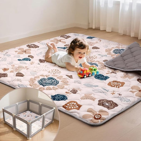 Baby Play Mat for Floor,71x59 Inch Soft Padding Crawling Mat for Playpen, Foldable and Machine Washable, Thick for Babies & Toddlers,Boho Flower