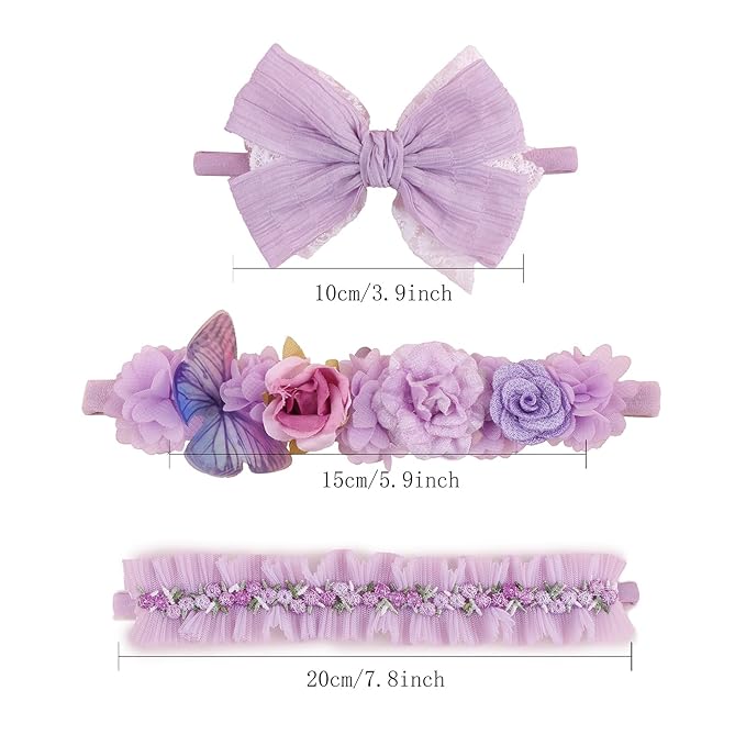 Baby Girl Flower Headbands and Bows, Stretchy Soft Nylon Floral Crown, 3pcs Handmade Hair Accessories for Newborn Infant Toddler