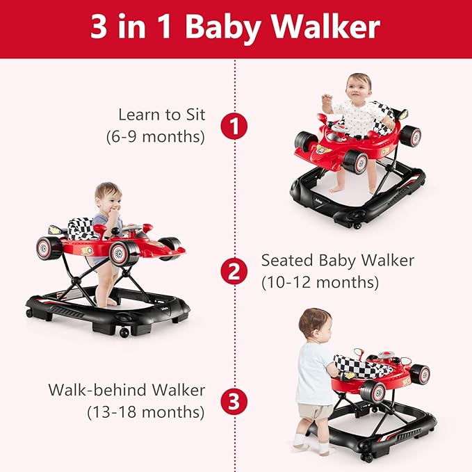 INFANS Foldable Baby Walker, 3 in 1 Toddler Activity Center Leaning-Seated Walk-Behind with Steering Wheel, Adjustable Height, Lights, Music, Washable Seat Cushion (Cherry)