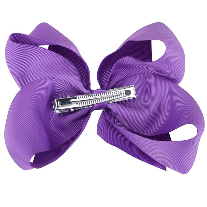 DEEKA 2 PCS 6" Big Hand-made Grosgrain Ribbon Solid Color Hair Bows Alligator Clips Hair Accessories for Little Teen Toddler Girls Kids Set of 2 -Purple