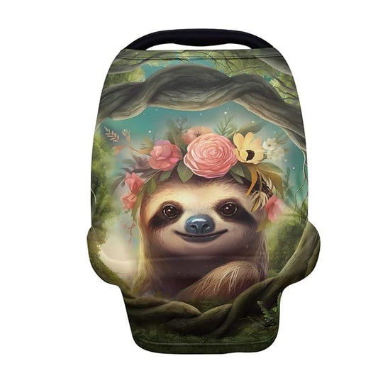 Wanyint Sloth Flower Stretchy Baby Car Seat Covers, Carseat Canopy, Baby Breastfeeding Stroller High Chair Shopping Cart Cover, Multi-Function Nursing Scarf, Infant Stroller Cover