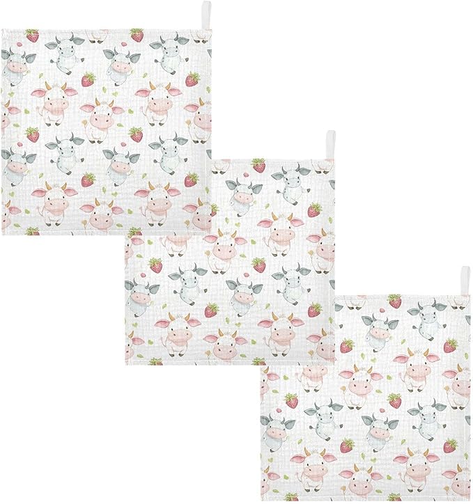 vvfelixl Cow Pink Cartoon Strawberry Baby Burp Cloths Baby Muslin Washcloths for Boys Girls Cotton Babys Face Towel for Newborn Infants Soft and Absorbent 11.8 X 11.8 in, 5 Pack
