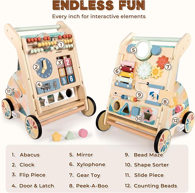 LOL-FUN Wooden Baby Walker with Double-Sided Busy Board, Push Walker for Baby with Adjustable Speed Wheels, Activity Learning Walker for Boys 12 Months