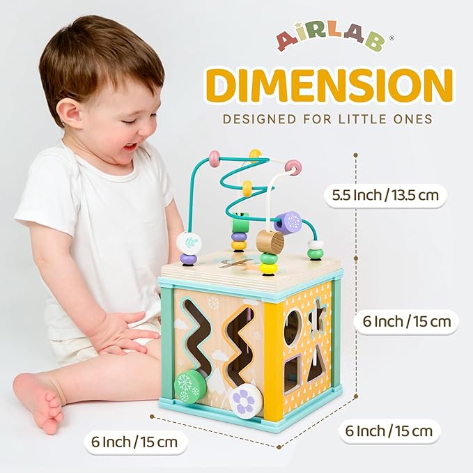 Airlab Wooden Activity Cube Montessori Toys for 1 2 3 Year Old Baby Toys 12 Months Toddlers 1-3 Birthday Gift Boys Girls Sensory Interactive Learning Toys