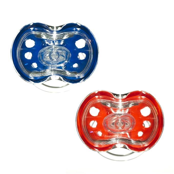 Playtex Baby Binky Orthodontic Pacifier with Snap-On Cover, Air Comfort Shield, Medical Grade Silicone, Up to 6 Months, Blue & Orange (2 Count)
