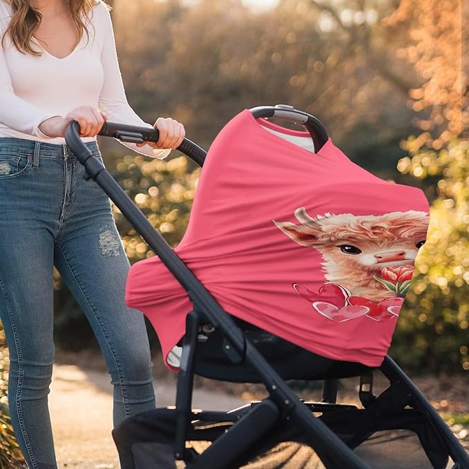 Wanyint Car Seat Covers Baby Car Canopy Shopping Cart Scarf Lightweight Stroller Cover Women Mother Nursing Breastfeeding Covers for Valentine's Day, Highland Cow Heart Tulip