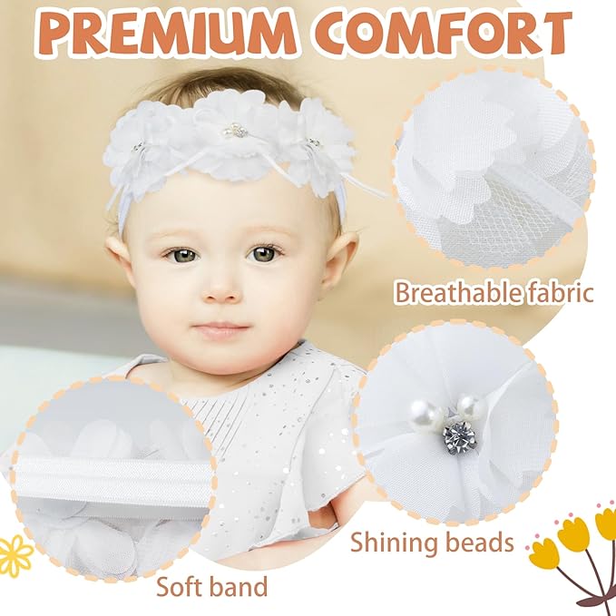 Fmeida Flower Headband for Baby Girl Floral Headbands Crown Baptism Hairband White Hair Accessories