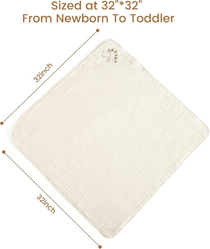 david's kids 2 Pack Hooded Baby Towels, Large 32"x32", 6 Layer 100% Muslin Cotton Highly Absorbent Boy Bath Towel for Newborn, Infant and Toddler, Soft and Breathable Baby Essentials, Dinosaur Story