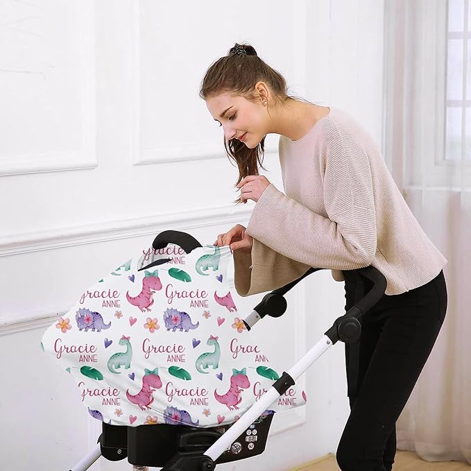 Custom Car Seat Covers for Babies - Breathable Baby Car Seat Cover for Girls Boys, Pink Dinosaur Pattern Kick-Proof Newborn Carrier Canopy Stretchy Stroller Cover for 4 Seasons(27"x29")