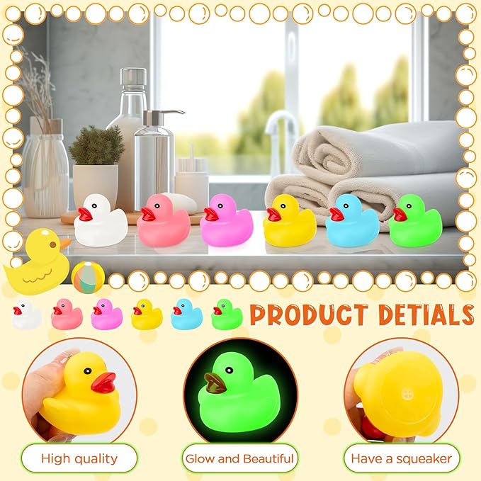 50 Pcs Glow in The Dark Rubber Ducks 2.2'' Luminous Mini Rubber Duck Fluorescent Tiny Light up Floating Squeaky Bathtub Toys for Baby Showers Summer Beach Pool Party Games (Colorful)