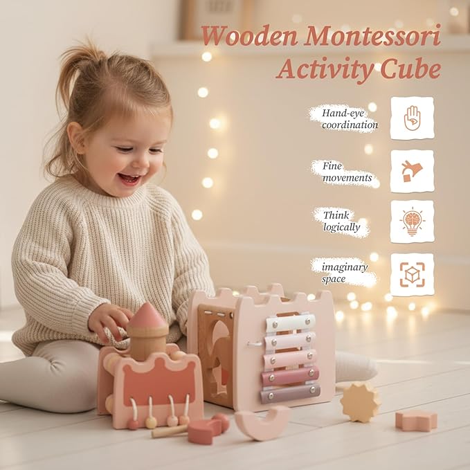Wooden Montessori Activity Cube for Preschoolers 3-5 Multi-Sensory Learning Toy, Educational and Screen-Free Birthday for Kids