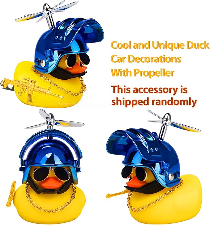 wonuu Rubber Duck Car Ornaments Cool Yellow Duck Car Dashboard Decorations Squeaky Glasses Duck with Propeller Helmet for Car ccessories Dashboard (Y-Blue)
