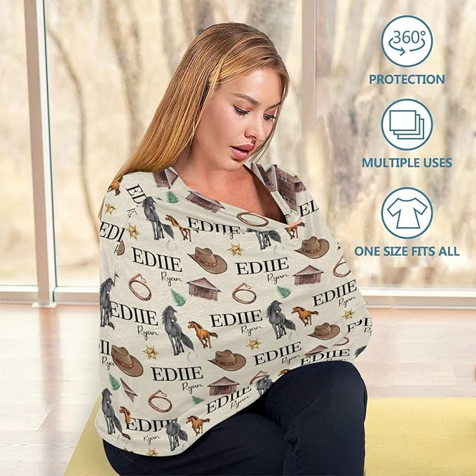 Personalized Baby Car Seat Cover for Boys Girls, Custom Cowboy Nursing Covers for Breastfeeding with Name, Infant Stroller Cover, Baby Carseat Canopy for Newborn, Multiuse Car Seat Canopies